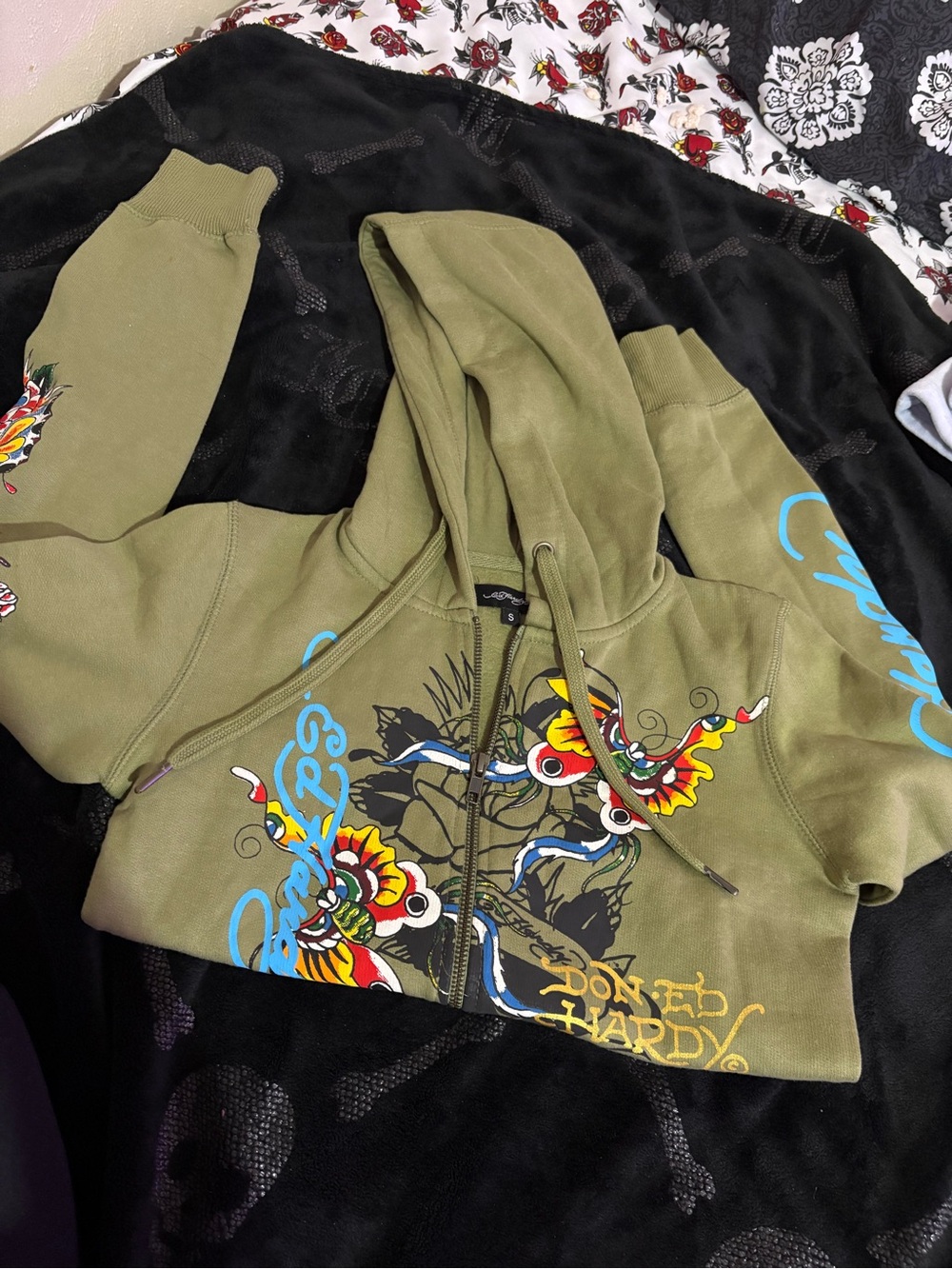 Ed Hardy Olive Green Tattoo-Graphic Zip Hoodie